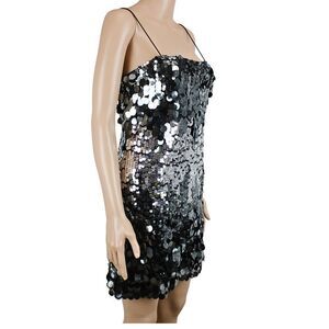 Sequin Mini Dress Party Black & Silver Spaghetti Straps Pullover Barbiecore Sm